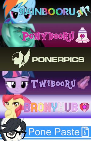 Fan Site Alternative Thread OP, from top to bottom: Rainbooru, Ponybooru, Ponerpics, Twibooru, Bronyhub, Pone Paste